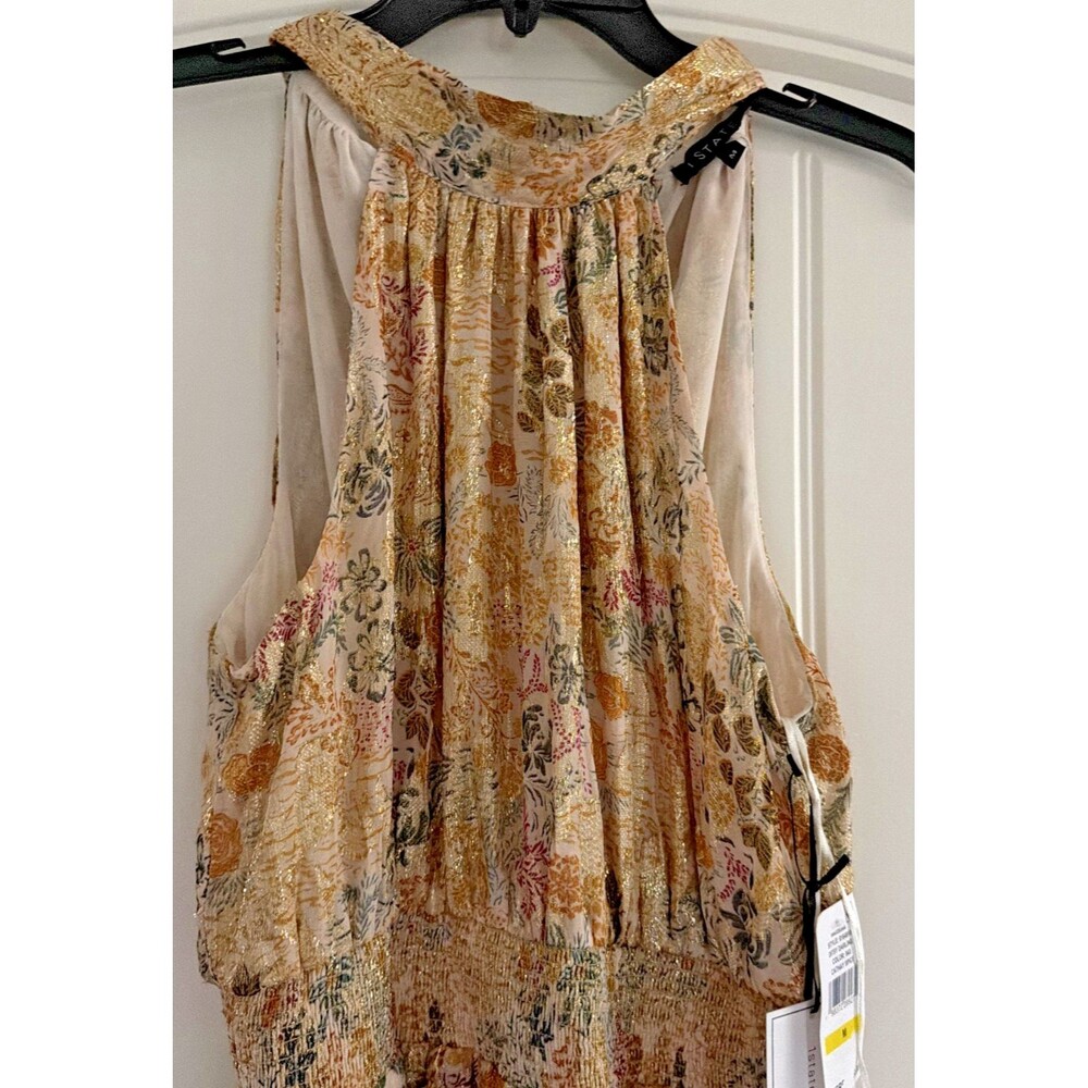 1.STATE Women's Sleeveless Cascading Ruffle Maxi Dress Cream Gold Multi Size M - Picture 7 of 15